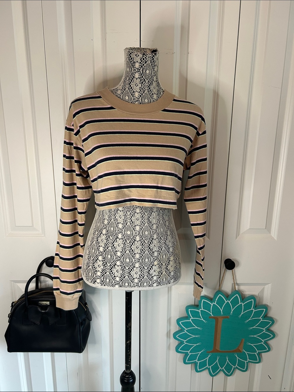 Aritzia TNA Ryer Cropped Striped Long Sleeve Top - Beige, Pink & Navy - XS